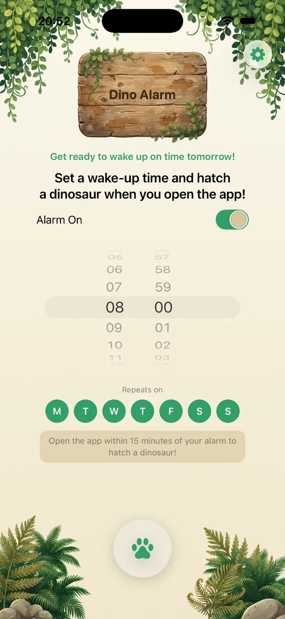 Dino Alarm screen with a wake-up time picker, repeat-day buttons and an alarm toggle