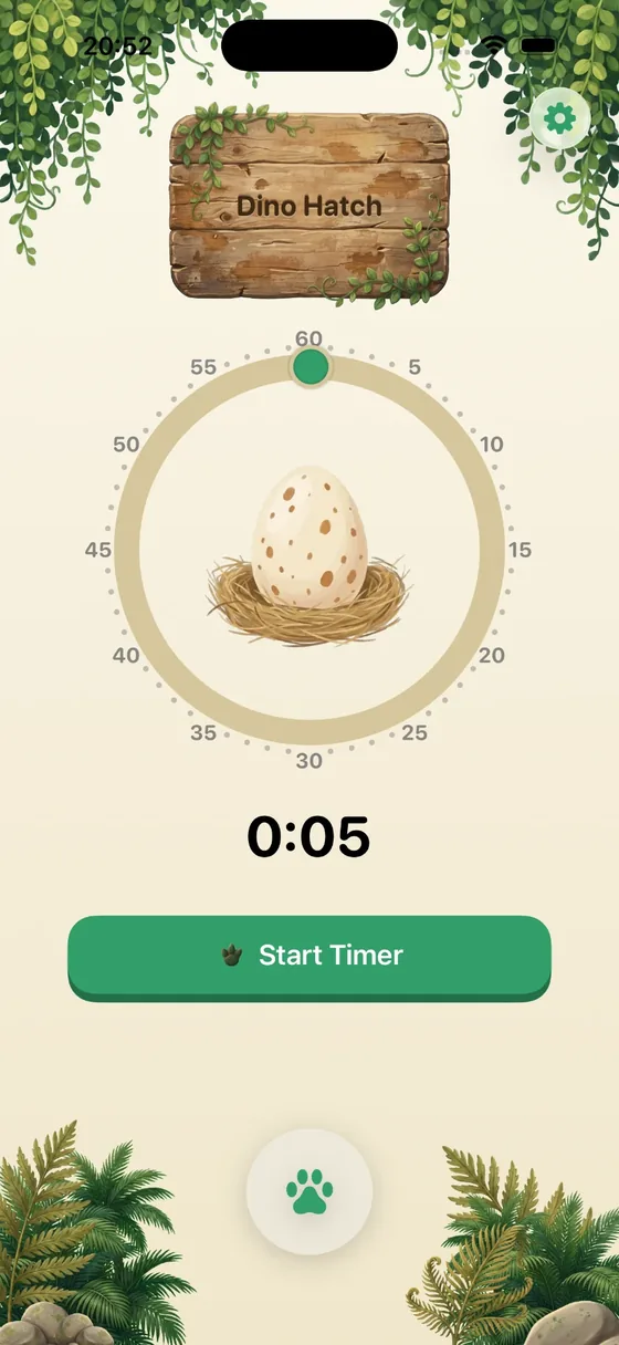 Dino Hatch timer screen with a circular minute dial around a speckled egg in a nest and a Start Timer button