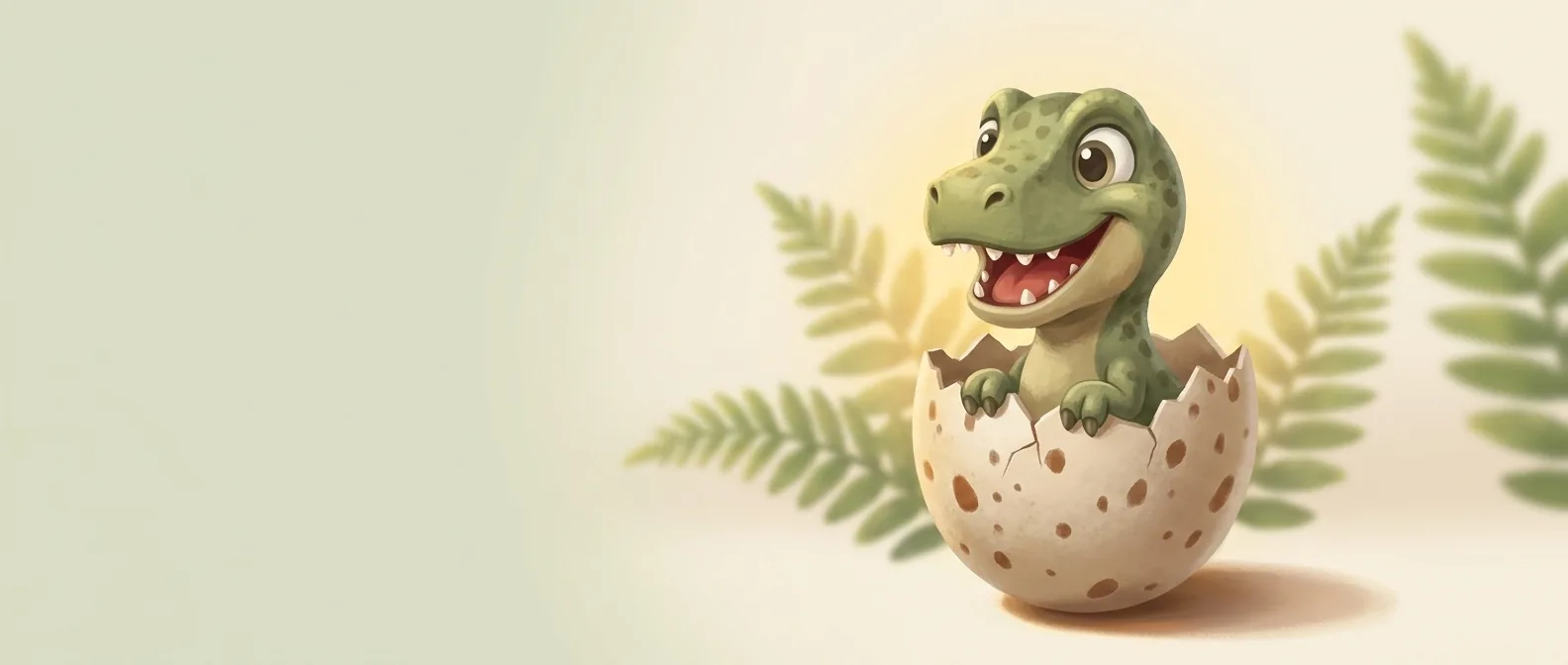 A cute baby dinosaur hatching from a spotted egg in a jungle setting