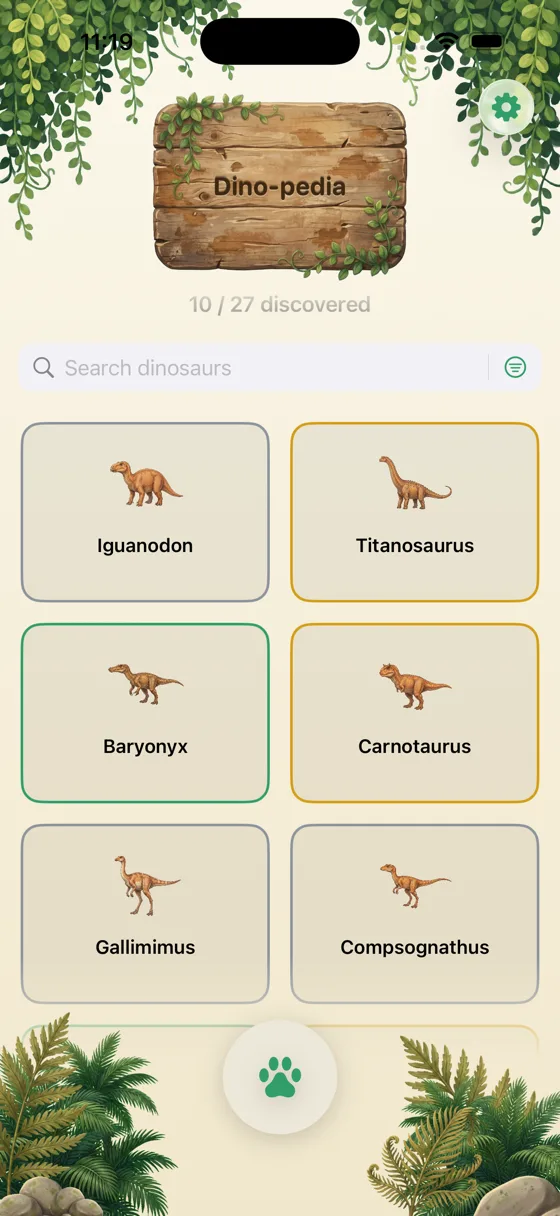 Dino Hatch collection screen showing discovered dinosaurs in a Dino-pedia grid